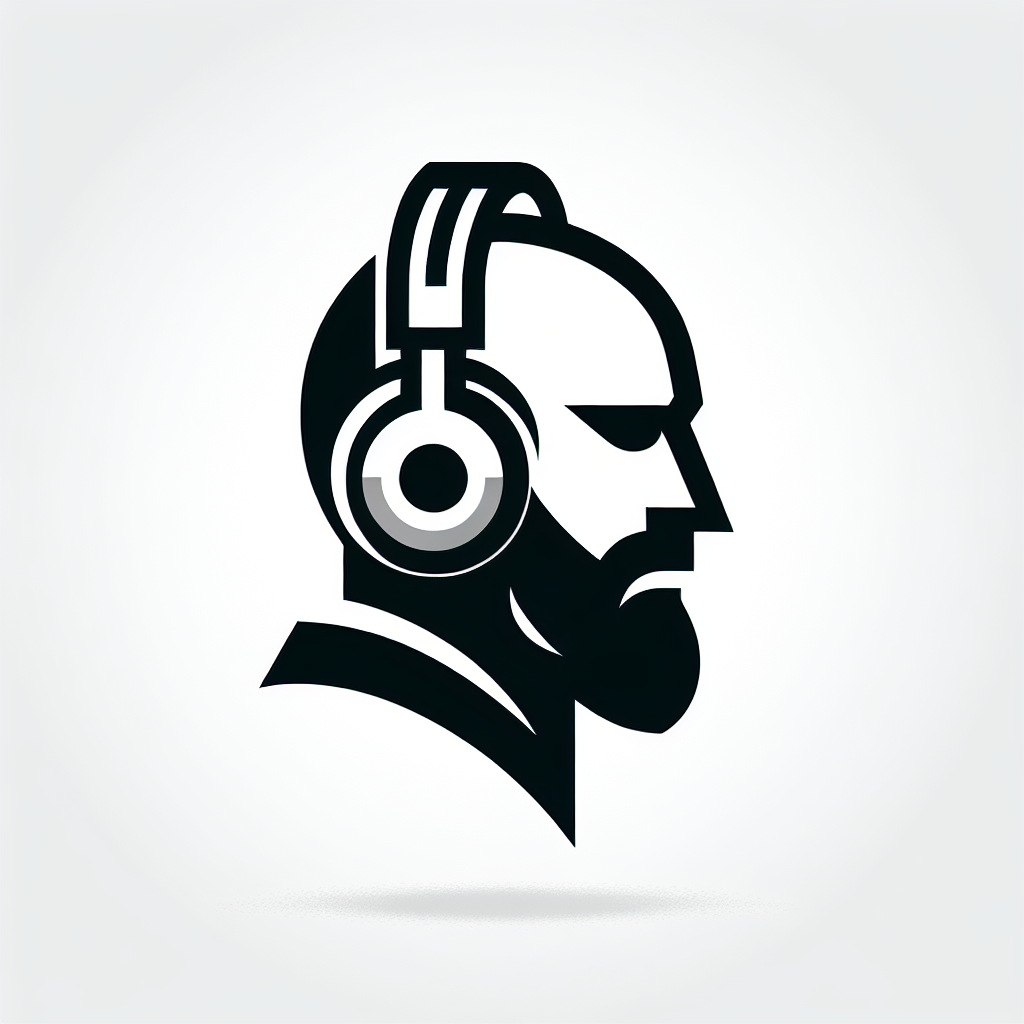 sketch single beard bald man with headphones. black and white. 